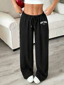 Attitoon Women's Casual Low-Waist Straight Leg Sweatpants, Suitable For Summer, Washed Effect - Black - View 13