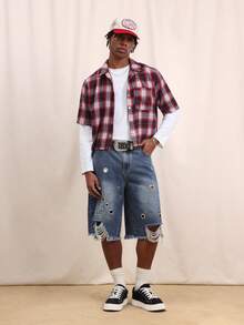 SUMWON Men's Crop Fit Plaid Shirt With Back Graphics Short Sleeve Button Down Collared Checked Flannel Distressed Red White Black Pattern Casual Summer - Black - View 3