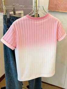 Resyla 女士心形刺绣圆领短袖休闲条纹T恤 - 淺粉色 - 查看 2