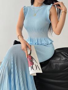 Modelyn Bộ 2 món kiểu dáng thanh lịch dành cho quý cô: Áo vest dệt kim không tay và chân váy dài xếp ly. - Màu xanh lam - Xem 3