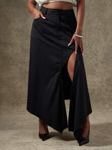 Vixey Solid Woven Asymmetrical Draped Panel Midi Skirt - Black - View 2