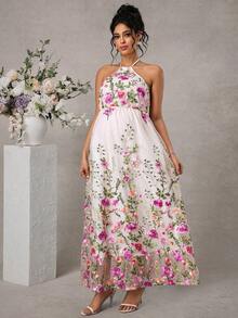 Momance 孕妇A字连衣裙，吊带设计，双层剪裁，带刺绣网纱 - 彩色 - 查看 4