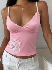 INAWLY 女士印花性感修身吊带背心 - 粉色 - 查看 3