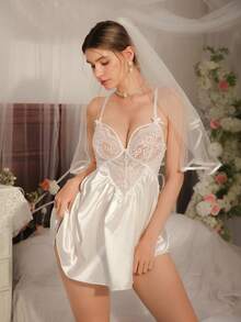 DelicateAllure Women's White Lace Bow Decor Sexy Dress, Pleated Design Innocent Girl Comfortable Nightgown Bride Getting Ready Outfit Bridal Getting Ready Outfit Bride Robe Set Bridal Robe Set Lingerie For Women Nighty - White - View 6