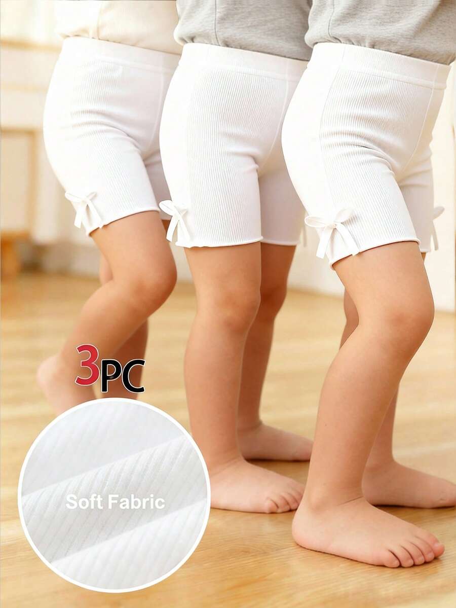 3条装女童白色弹力腰骑行短裤，女童短裤，女童骑行短裤，幼儿骑行短裤，3条装短裤，少女打底裤，3条装女童短裤 - 白色 - 查看 1