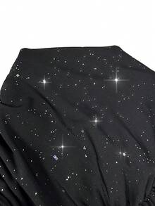 SHEIN Lady 女士优雅撞色蕾丝深V领闪亮面料迷你连衣裙，适合圣诞派对、度假和约会，秋冬季修身连衣裙套装 - 黑色 - 查看 9