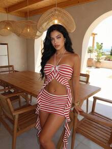 SHEIN SXY Women's Red & White Striped Halter Top And Mini Skirt Set,Summer ,Spring ,Vacation,Beach, Going Out, Striped Two Piece Set, Vacation Two Piece Set Women, Summer Two Piece Sets, Red And White Swimsuit, Bathing Suit 2 Piece Set,Rave Outfits,Ruffle - Red and White - View 7