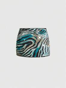 ROMWE Y2K Minifalda de cintura baja con abertura alta, estampado de cebra con lentejuelas, para mujer, adecuada para festivales de música, vacaciones de verano, discotecas, fiestas rave y otras ocasiones - Multicolor - Ver 2