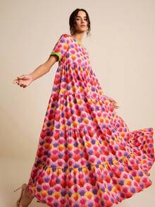 LOTSLUV 女士圆领短袖宽松连衣裙，扇形复古印花，粉色，春夏款 - 粉色 - 查看 6