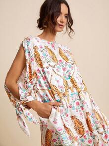 LOTSLUV Women's White Floral Tiger & Tropical Print Round Neck Short Sleeve Drawstring Loose Dress,Boho Autumn Tea Party Holiday Resort Leopard Scarf Dress - White - View 4