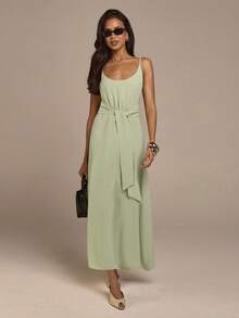 COSMINA Women's Elegant Sage Green Summer Mid-Length Dress,Spaghetti Strap Deep V-Neck Tie Waist Brunch Vacation Resort Wear,Casual Office Commute Dress - Yellow - View 1