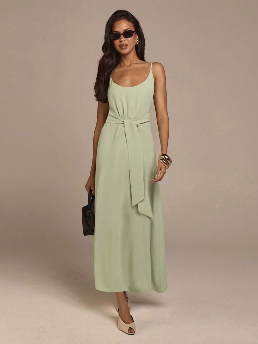 COSMINA Women's Elegant Sage Green Summer Mid-Length Dress,Spaghetti Strap Deep V-Neck Tie Waist Brunch Vacation Resort Wear,Casual Office Commute Dress - Yellow - View 1