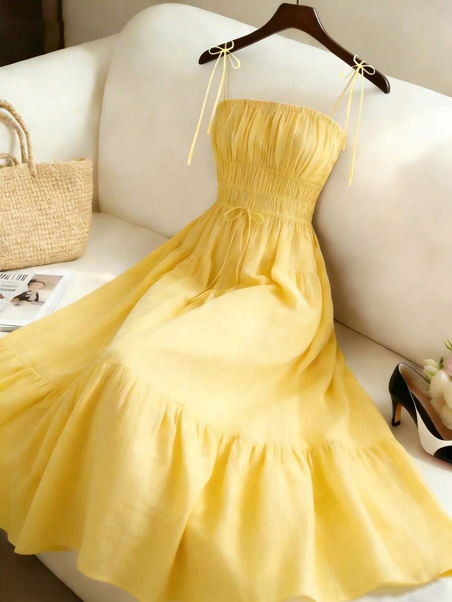 Qadelle Women's Solid Color Minimalist Casual Long Dress - Yellow - View 1