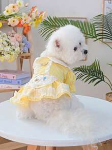 PETSIN 1 chiếc váy gấu bông kẻ caro vàng kiểu đồng quê cho thú cưng, có ren xếp ly, kiểu hầu gái với vòng chữ D để cố định, thích hợp cho mèo và chó. - Màu vàng - Xem 4