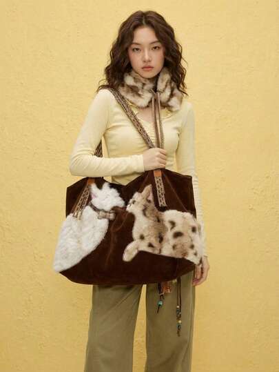 Joivida 1 Pc Cat Pattern Women's Bag, Women's Shoulder Bag,Handbag, Handmade, Large Capacity, High-End Fashion Style, Lightweight, Suitable For Work, School, Travel, Daily Use, A Must-Have Practical Bag