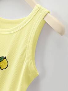 Resyla Women's Fitted Round Neck Tank Top With Embroidered Lemon Pattern - Yellow - View 4
