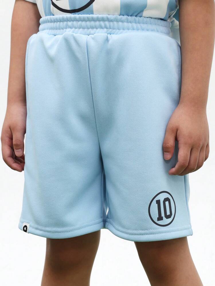 Boys Argentina Inspired Light Blue White Striped Short Sleeve Jersey Top With Matching Elastic Waist Shorts Set Summer Football Fan Casual Wear , World Cup