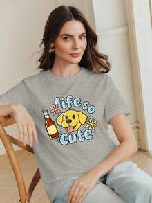 Elaire Women's Summer Fashion Vacation Beach Festival Casual Versatile Black Short Sleeve Carnival Pattern T-Shirt - Grey - View 4