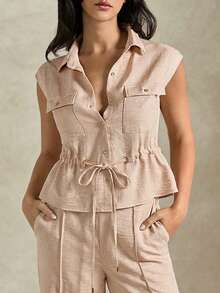 Briarwyn Bộ áo và quần dài nữ màu trơn dáng thường ngày có dây rút - Màu be - Xem 6