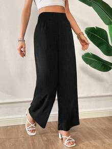 SHEIN Essnce 夏季裤子女士条纹抽绳腰直筒宽松休闲裤 - 黑色 - 查看 5