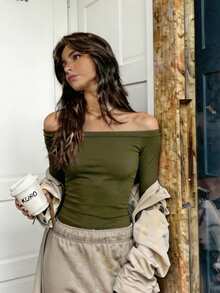 Fluxe 女士休闲纯色针织露肩长袖修身常规款上衣 - 軍綠色 - 查看 4