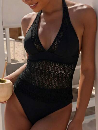 Swim Lushoire Nuevo conjunto de tankini de traje de baño para mujer con cuello en V, corte alto, parches de malla calada y sólido, para primavera/verano