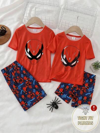 2pcs/Set Boys' Casual Comfortable Soft Knit Elastic Superhero Print Round Neck Short Sleeve Top And Shorts Pajama Set