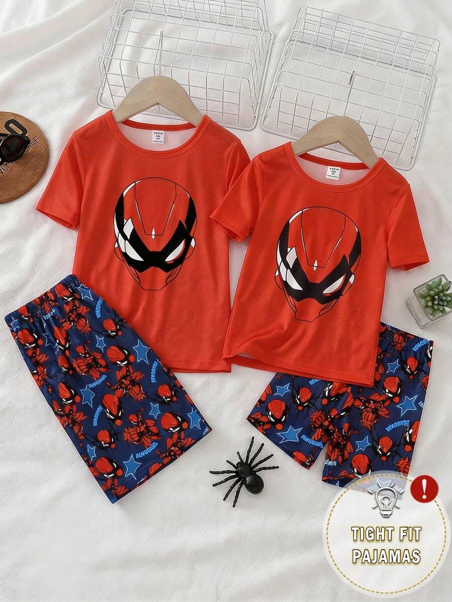 Set Piyama Anak Laki-Laki 2pcs/Set: Atasan dan Celana Pendek Lengan Pendek Leher Bulat Motif Superhero Kasual Nyaman Bahan Rajut Lembut Elastis - MultiWarna - View 1