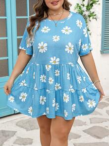 SHEIN CURVE+ Curve 尺码 US22 音乐节、海滨度假、波西米亚风女士蓝色雏菊印花宽松度假T恤 - 藍色 - 查看 5
