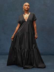 Vixey Solid Woven Twill Deep V Neck Drop Shoulder Short Sleeve Tiered Maxi Dress, Vacation Dress, Resort Wear, Beach To Dinner, Beach Cover Up, Sunset Dinner Dress - Black - View 2