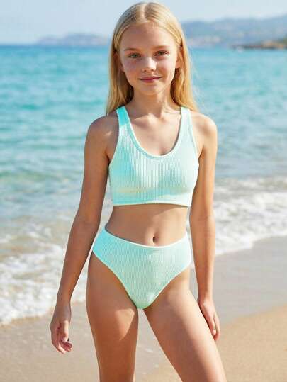 SHEIN Tween Girls Bikini Sets, Knitted Wavy Fabric Tankini 2 Pieces Swimwear, Elegant & Conservative European & American Fashion, Suitable For Vacation, Swimming, Summer, Beach High Waist Swimwear Set Girls Swim Two Pieces Modest Bikini Set Two Pieces Swimwear Textured Bikini High Waist Swimsuit Set Textured 2 Piece Swim