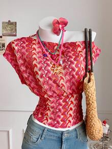 Comfortcana Women's Casual Hollow-Out Asymmetric Collar Knit T-Shirt - Hot Pink - View 1