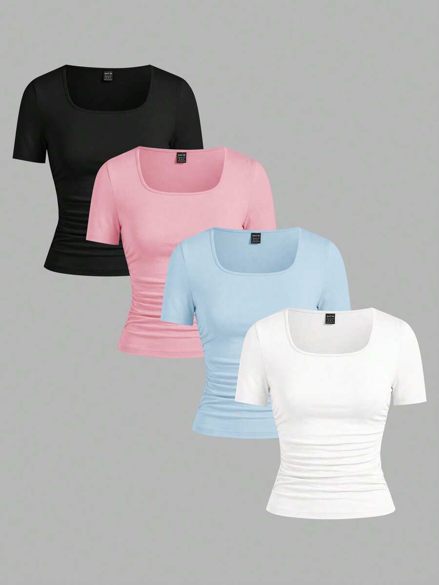 SHEIN EZwear 4件套休闲简约纯色舒适圆领短袖T恤,适合春夏穿着;3件装紧身短袖上衣,修身显瘦,夏季上衣 - 彩色 - 查看 1