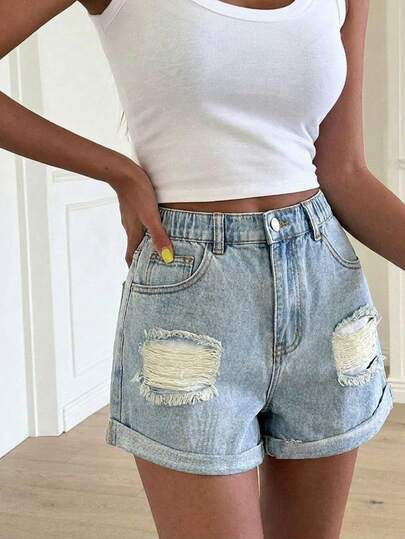 Teen GirlCasual Denim Shorts, New Fashion Simple Versatile Retro Distressed Washed Jeans Shorts