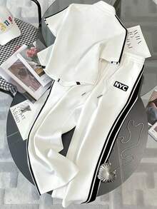 Resyla Collared Raglan Short Sleeve Cardigan Top + Casual Pants Set - White - View 2