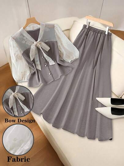 GlowEve CURVE بلوزة أنيقة للأعمال الكاجوال بأكمام طويلة مطرزة وفيونكة مخصرة، تنورة أنيقة للأعمال الكاجوال مخصرة، طقم منتظم من قطعتين للربيع/الخريف