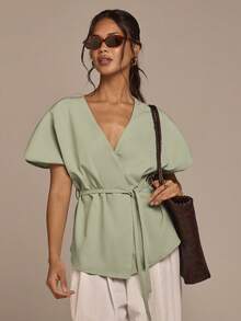 COSMINA Áo sơ mi nữ thanh lịch, vai rớt, dáng rộng, thắt eo, đa năng, thích hợp đi làm, công sở, đi chơi, mặc hàng ngày, đầu xuân. - màu xanh lá - Xem 4