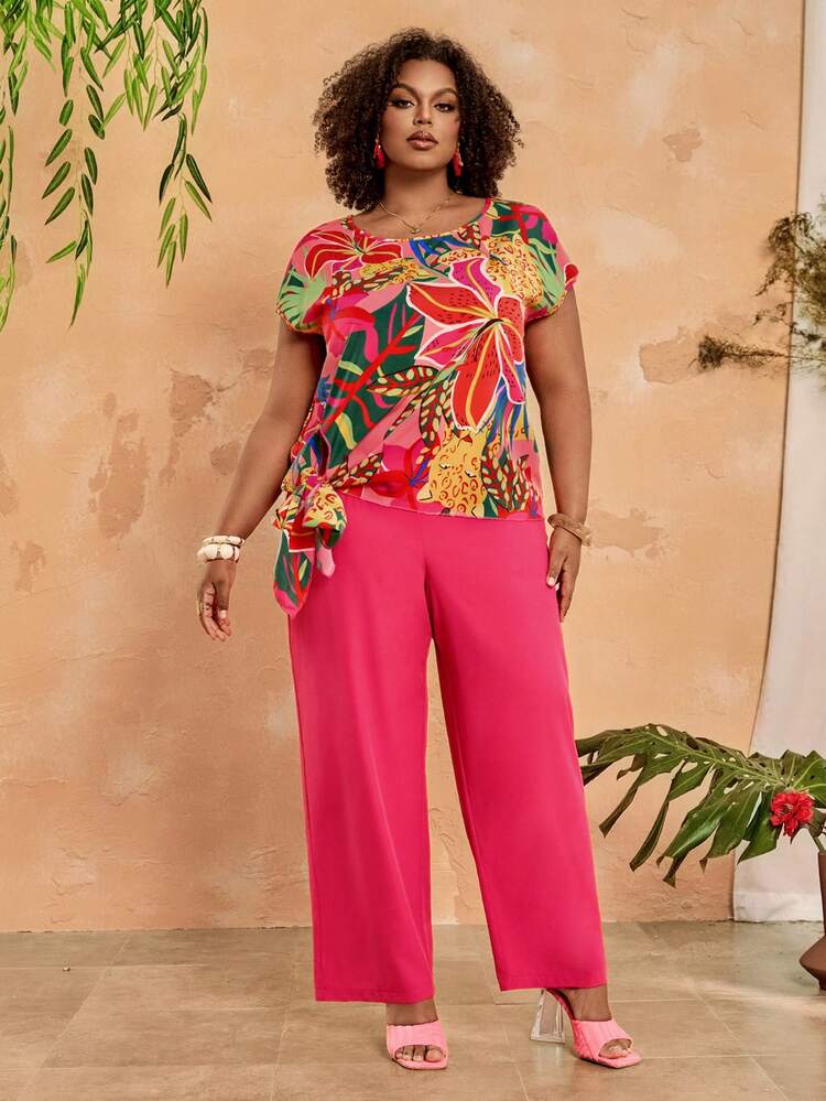 Plus Size Women Floral Print Short Sleeve Top And Wide Leg Pants Casual 2 Piece Set