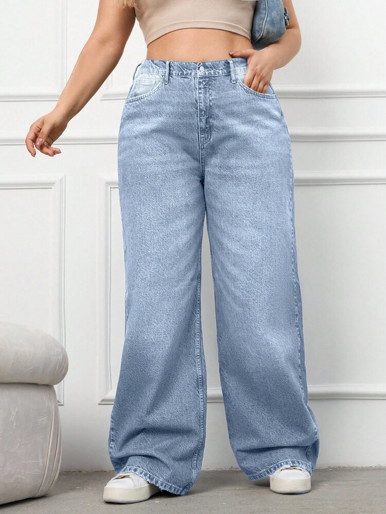 100%Cotton Plus Size Belt Details Wide Leg Jeans - Baby Blue - View 3