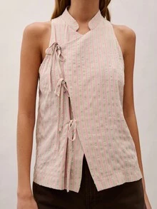 Nöista Áo không tay cổ tàu với những sọc dọc mềm mại tông màu pastel. Thiết kế vạt chéo bất đối xứng và dây buộc bên hông có thể điều chỉnh để vừa vặn hơn. Thích hợp cho mùa xuân, hè, đông, lễ hội, du lịch. - Nhiều màu - Xem 4