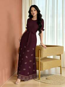 Modelyn Peach Blossom Striped Retro Print Dress, Women's Fashion Round Neck Short Puff Sleeve Design With Belt Cinched Waist Dress, Elegant Summer Dress - Multicolor - View 4