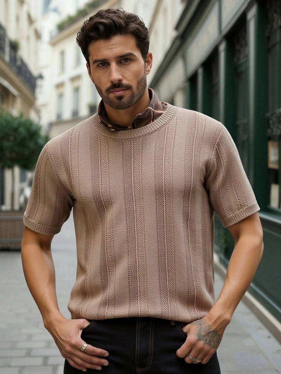 Manfinity Homme Áo thun nam tay ngắn cổ tròn màu trơn, kiểu dáng thường ngày, thích hợp cho mùa hè. - Màu Khaki - Xem 1