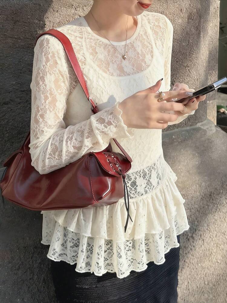 Women's Round Neck Frill Trim Loose Long Sleeve Casual Lace Blouse