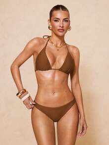 Lumalex 纯色纹理面料金属花朵垂褶领口露背时尚性感比基尼三件套泳衣套装 - 棕色 - 查看 7