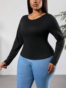 SHEIN PETITE CURVE 新款加大码女式夏季休闲撞色蕾丝露背船领长袖修身短款时尚T恤，适合所有季节和场合，女士夏季上衣，春季、度假、假日、夏季，2026款 - 黑色 - 查看 3