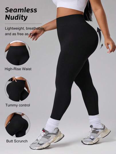 SHEIN Rhythm Era 1 chiếc quần legging thể thao cỡ lớn màu đen, không đường may, độ co giãn cao, quần yoga co giãn để tập luyện và rèn luyện thể chất, quần chạy bộ và tập thể dục ôm sát nâng mông.