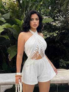 SHEIN SXY 波西米亚风露背流苏装饰纯色休闲连体裤 - 白色 - 查看 6