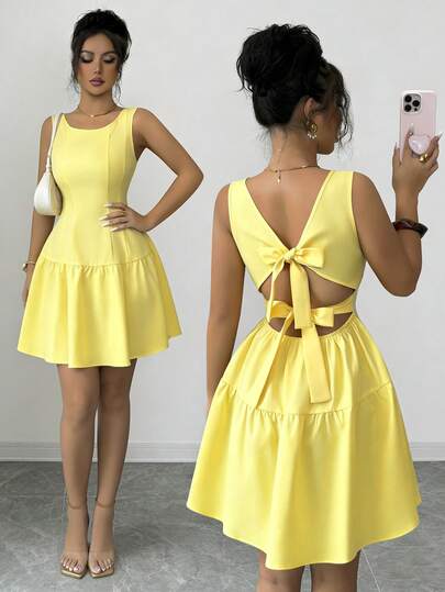 SHEIN Elenzya Women's Pale Yellow Backless Bow Tie Waist A-Line Dress, Charming Elegant Classic Sweet Cute Everyday Vacation Sexy Basic Minimalist Commute Fashion Date French Street Retro Versatile Spring Summer Pale Yellow New Sleeveless Camisole Dress