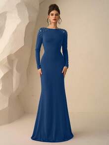 Coutiva Gaun Malam Formal Model Ekor Ikan Tanpa Punggung dengan Hiasan Mutiara Elegan untuk Wanita - Dusty Blue - View 2