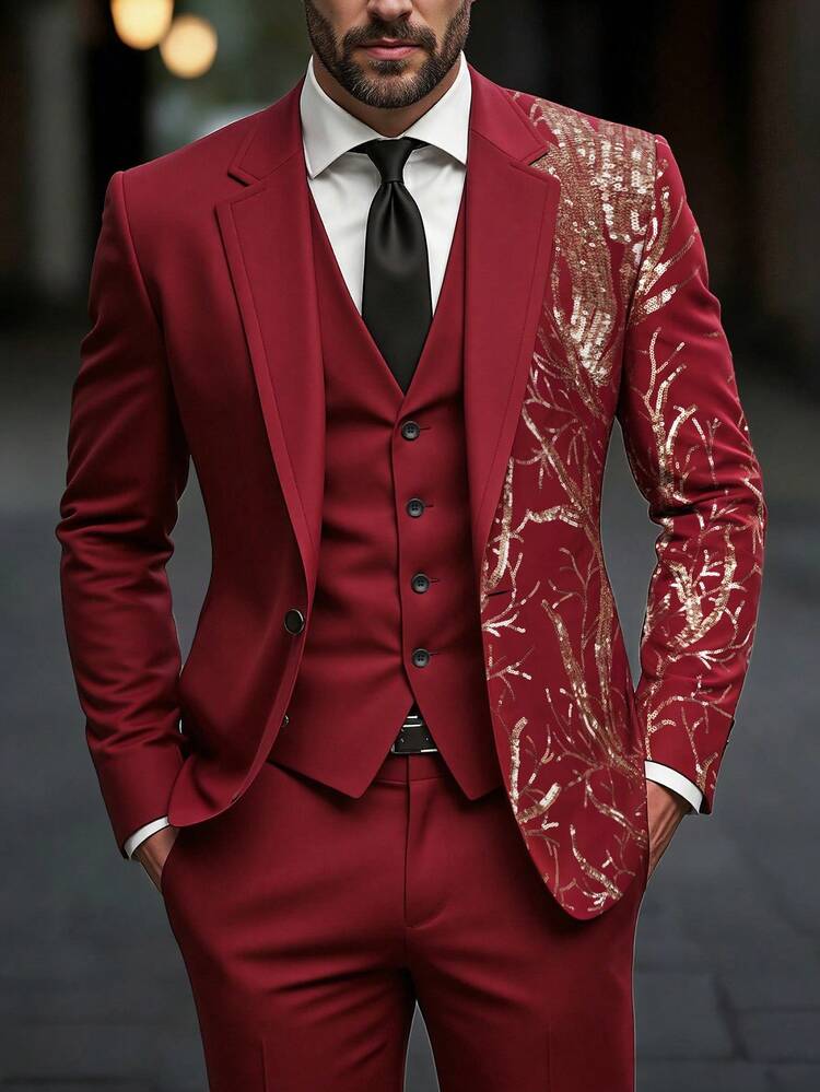 Manfinity Bizformal Men's Shiny Sequin Plant Printed Suit Jacket And Pants Set, Fashion For Party And Performance Tuxedo Suit - Burgundy - View 1